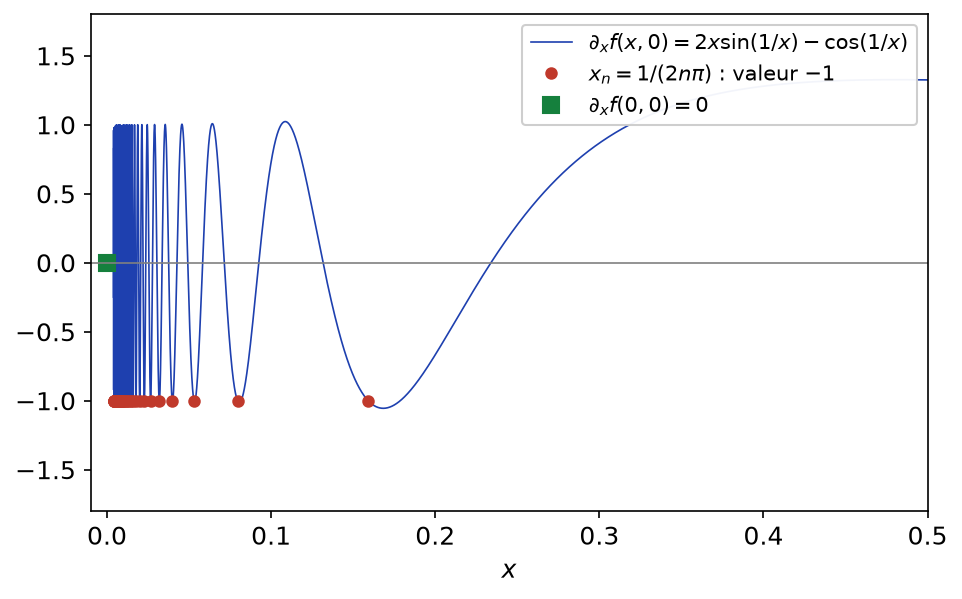 Courbe de 2x sin(1/x) − cos(1/x) oscillant près de zéro, valeur −1 aux points 1/(2nπ)