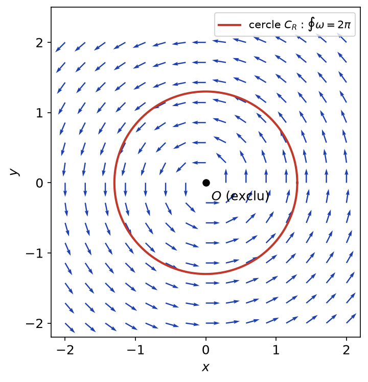 Champ de vecteurs tournant autour de l'origine associé à la forme angle, et cercle sur lequel son intégrale vaut 2π