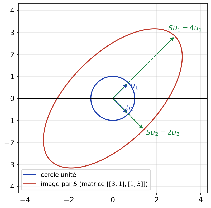 Image du cercle unité par une matrice symétrique : une ellipse d'axes dirigés par les vecteurs propres u1 et u2
