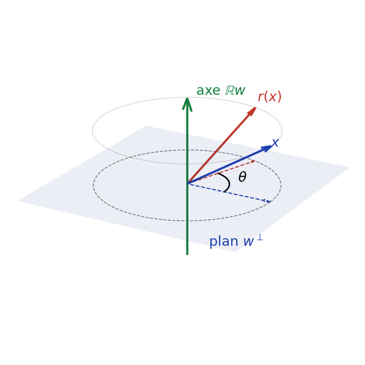 Rotation de l'espace d'axe dirigé par w : le vecteur x tourne d'un angle thêta autour de l'axe