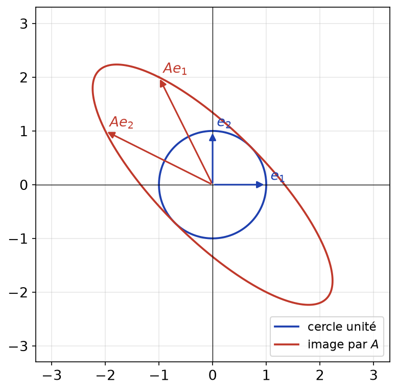 Cercle unité et son image par la matrice A, une ellipse inclinée, avec les images des vecteurs de base