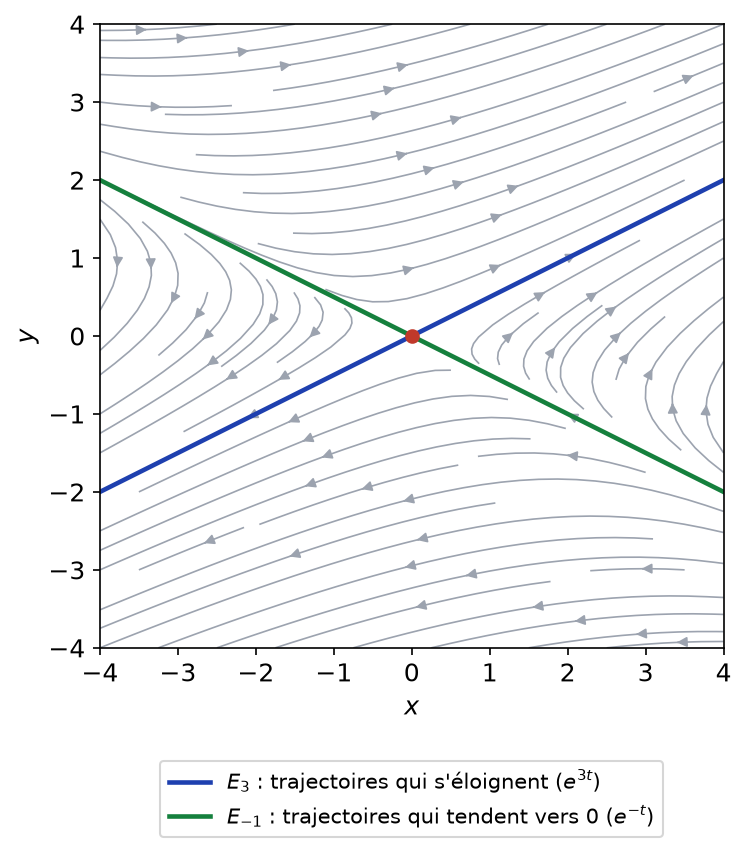 Portrait de phase du système X' = AX : les droites propres E3 et E-1 guident toutes les trajectoires autour de l'origine