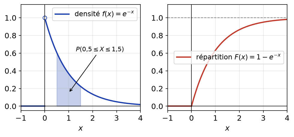 Densité de la loi exponentielle de paramètre 1 avec une aire colorée, et sa fonction de répartition croissante vers 1