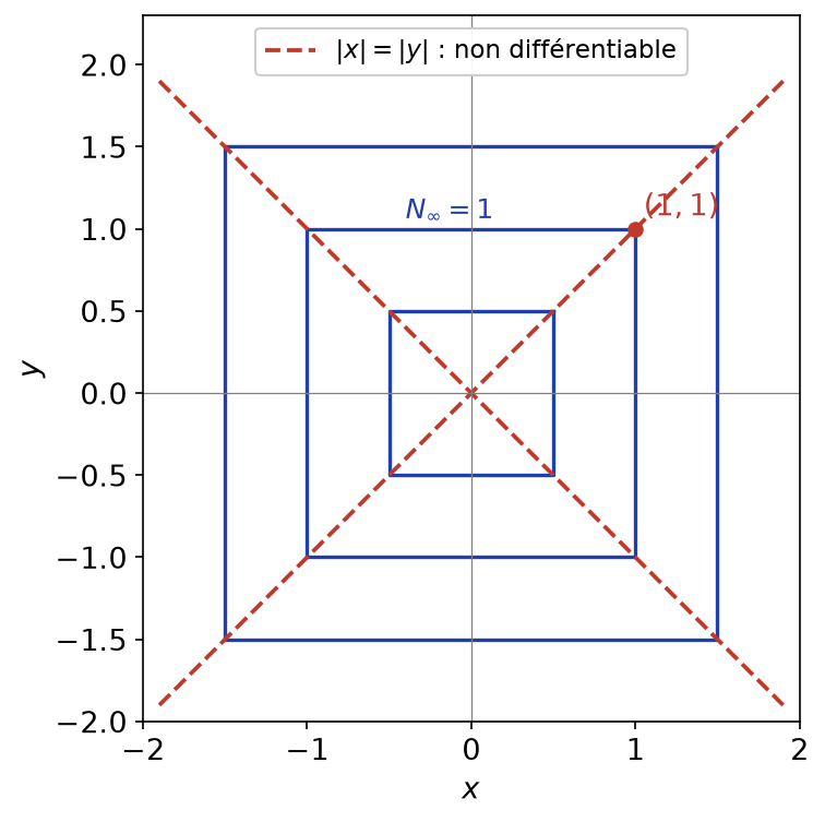 Carrés de niveau de la norme infinie dans le plan et diagonales où elle n'est pas différentiable