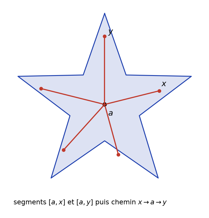 Partie étoilée en forme d'étoile, segments reliant le centre a à plusieurs points dont x et y