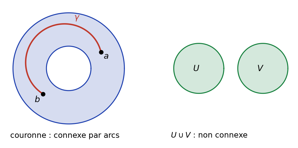 Couronne connexe par arcs avec un chemin entre deux points, et réunion non connexe de deux disques disjoints