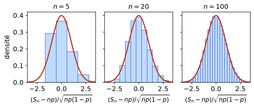 Histogrammes renormalisés des lois binomiales pour n = 5, 20 et 100 et densité de la loi normale centrée réduite