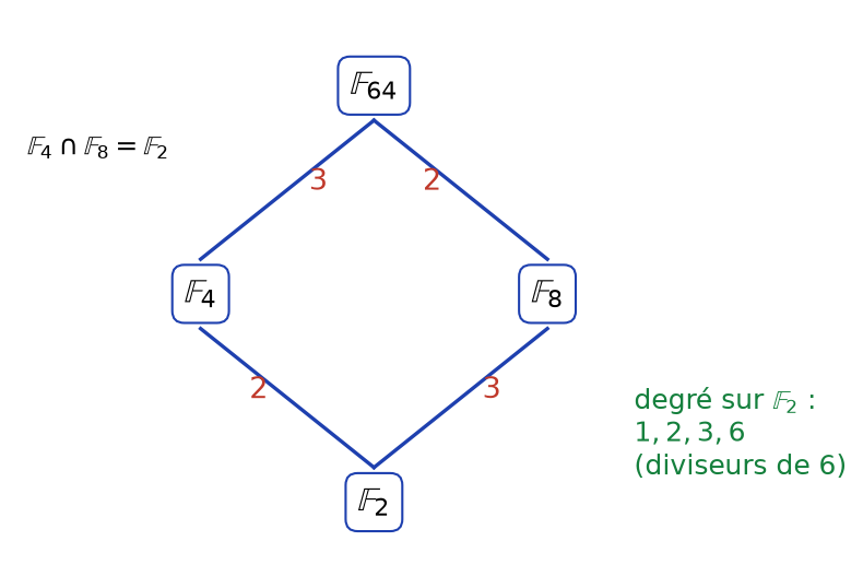 Diagramme des sous-corps de F64 : F2, F4, F8 et F64, avec les degrés des extensions sur chaque arête