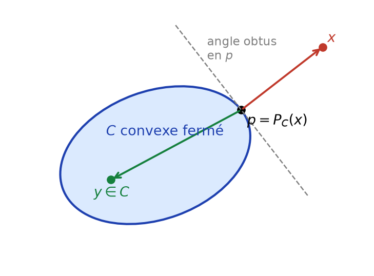 Projection d'un point x sur un convexe fermé C du plan et angle obtus formé en p avec tout point y de C