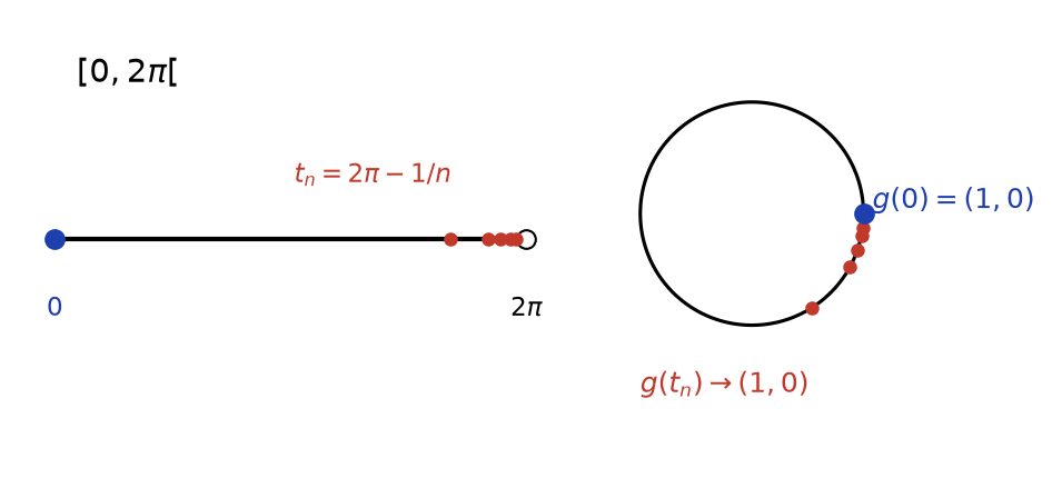 Points t_n proches de 2 pi sur l intervalle et leurs images sur le cercle qui s accumulent près de g(0)