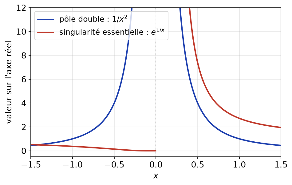 Module de 1/z² qui explose en 0 comparé à exp(1/x) qui tend vers l'infini à droite et vers 0 à gauche