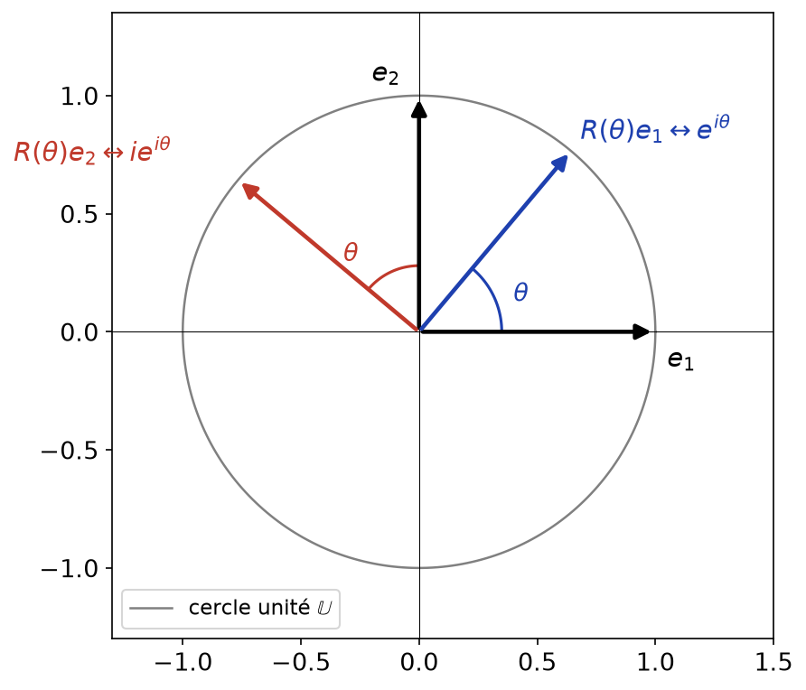 Cercle unité, vecteurs e1 et e2 et leurs images par la rotation R(θ), associées à e^{iθ} et ie^{iθ}
