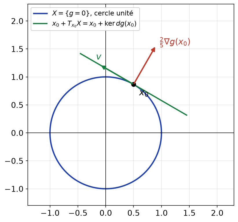 Cercle unité, gradient radial au point x0 et droite tangente dirigée par le noyau de dg(x0)