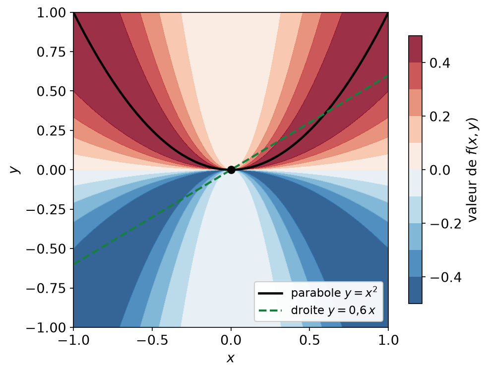 Valeurs de f(x,y) = x²y/(x⁴+y²) près de l'origine, avec la parabole y = x² et une droite passant par l'origine