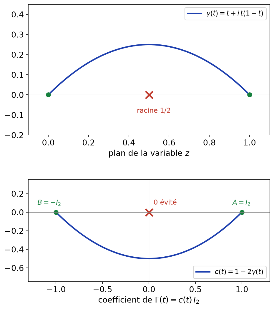 Arc complexe évitant la racine 1/2, puis coefficient 1 - 2γ(t) reliant 1 à -1 sans passer par 0