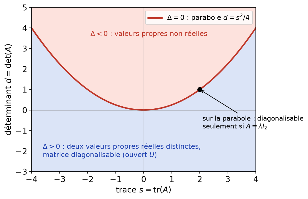 Plan trace-déterminant : parabole Δ = 0, région Δ positif des matrices diagonalisables et région Δ négatif