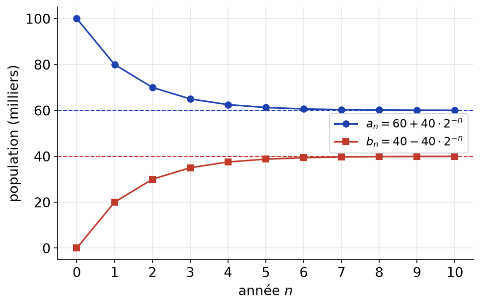 Évolution des populations a_n et b_n vers leurs limites 60 et 40 milliers au fil des années