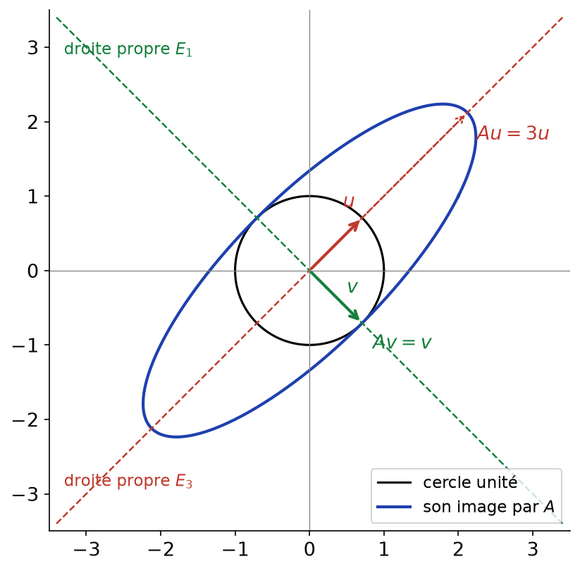 Cercle unité et son image elliptique par une matrice diagonalisable, avec les deux droites propres E1 et E3