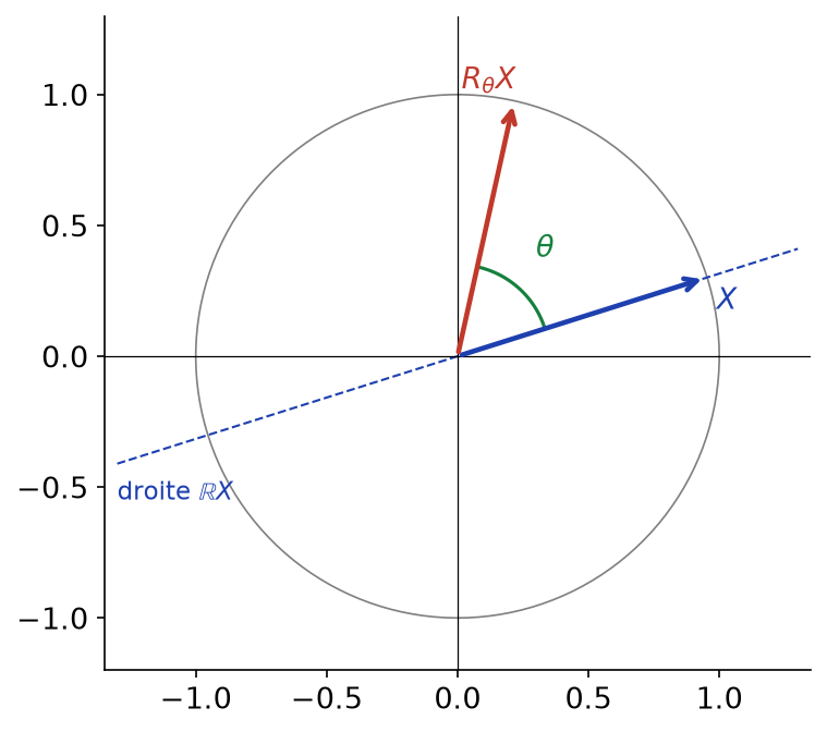 Un vecteur X du plan et son image par la rotation d'angle thêta, avec la droite engendrée par X