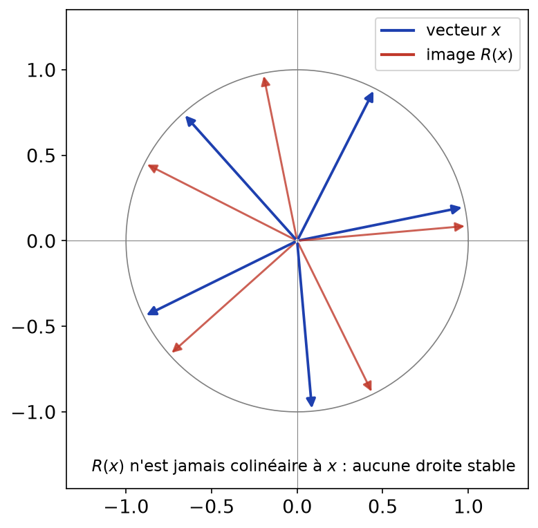 Vecteurs du plan et leurs images par la rotation d'angle pi sur 2, jamais colinéaires : aucune droite stable