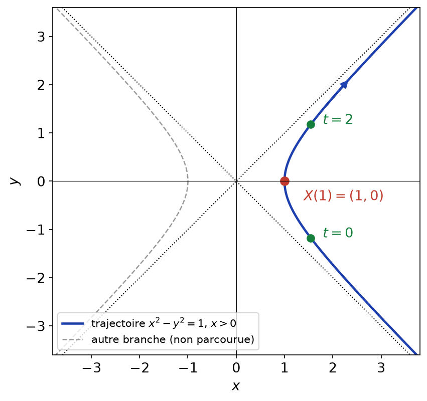 Branche droite de l'hyperbole x² - y² = 1 parcourue par la solution, avec la condition initiale X(1) = (1, 0)