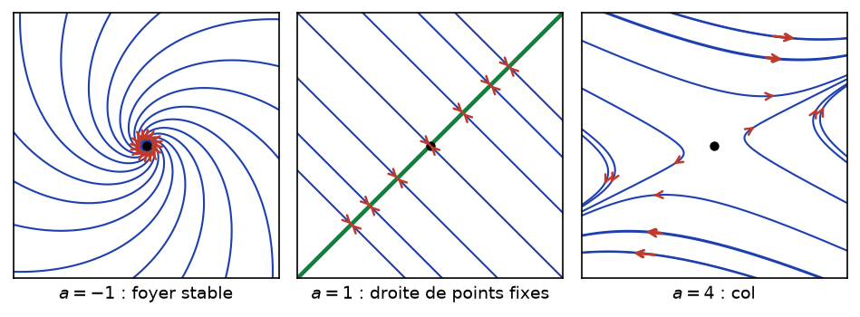 Portraits de phase du système pour a = -1, a = 1 et a = 4 : foyer stable, droite de points fixes et col