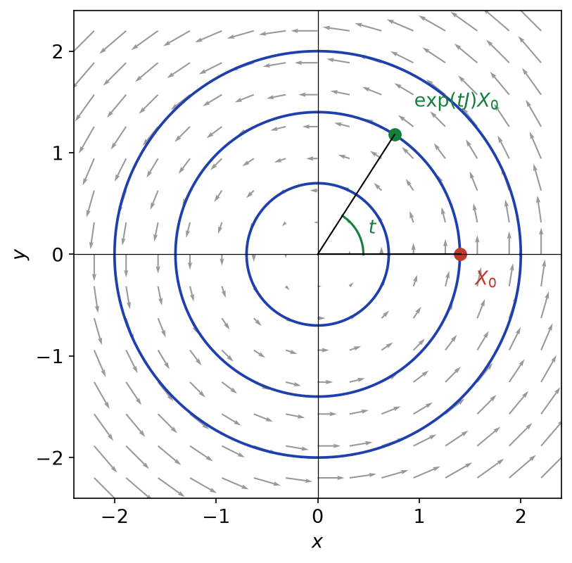 Champ de vecteurs du système X' = JX et trajectoires circulaires, avec le point X0 et son image exp(tJ)X0