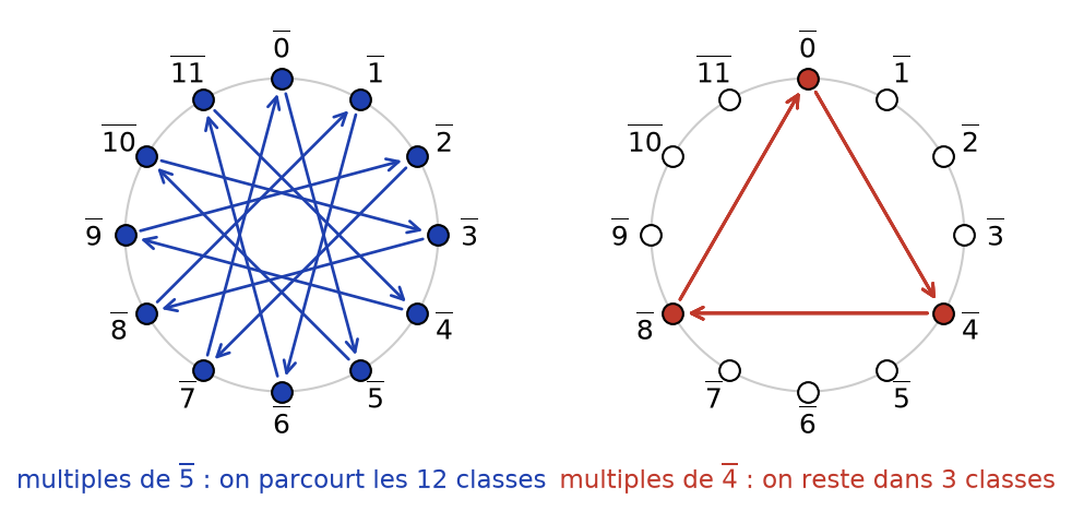 Cadran de Z/12Z : les multiples de la classe de 5 parcourent tout le cadran, ceux de la classe de 4 seulement trois classes
