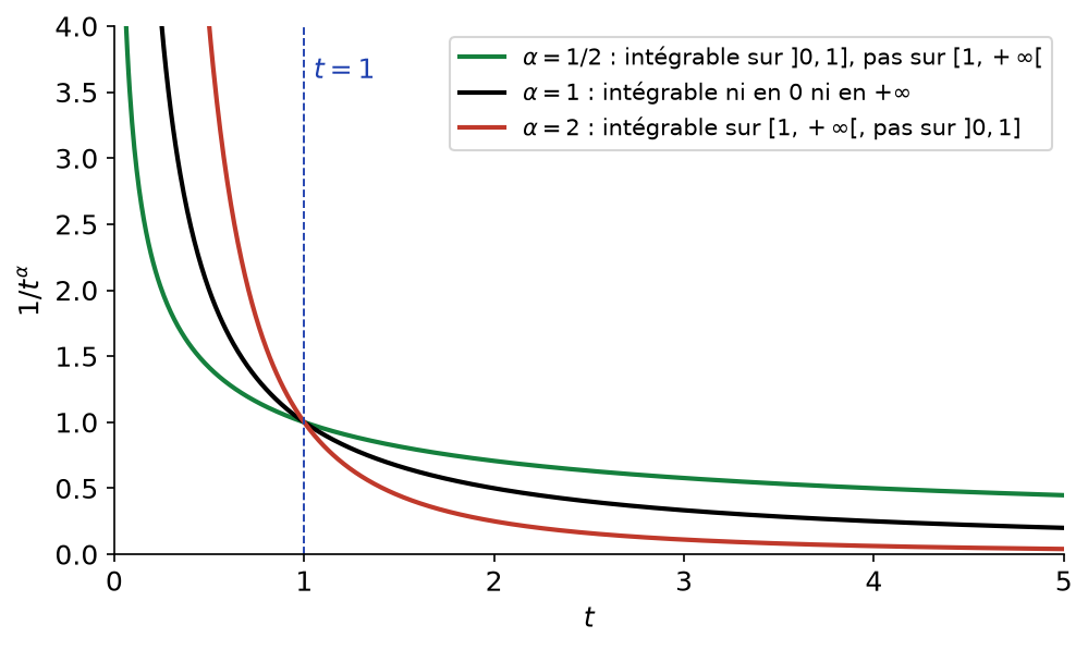 Courbes de 1/t^α pour α égal à 1/2, 1 et 2, qui se croisent au point d'abscisse t = 1