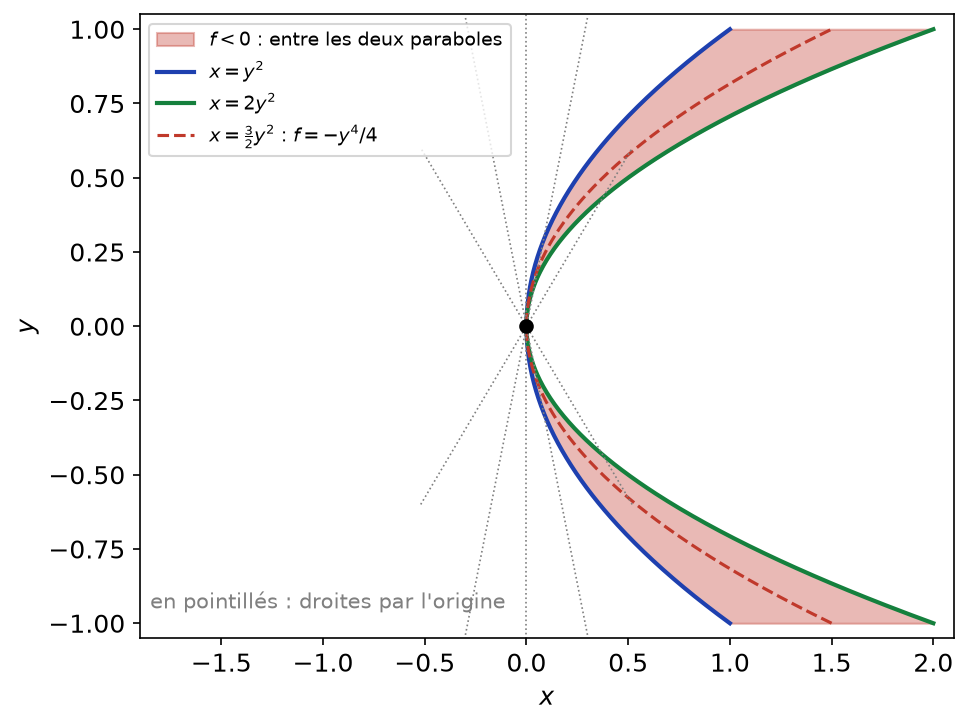 Zone où f est négative entre les paraboles x = y² et x = 2y², et droites passant par l'origine