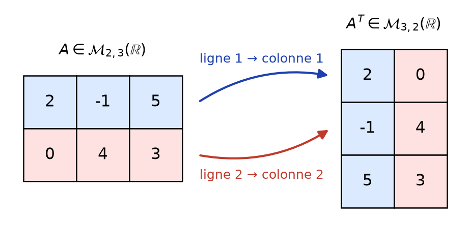 Une matrice à deux lignes et trois colonnes et sa transposée : chaque ligne devient une colonne