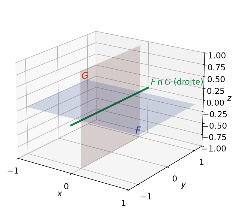 Deux plans vectoriels F et G de R3 dont l'intersection est une droite, conformément à la formule de Grassmann