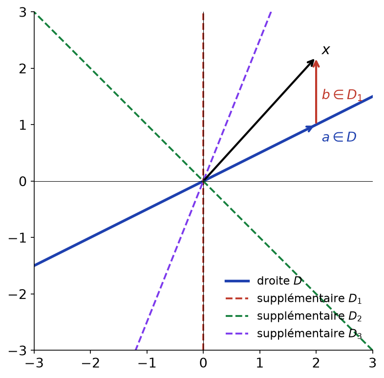 Une droite D du plan et trois droites supplémentaires différentes, avec la décomposition d'un vecteur x selon D et D1