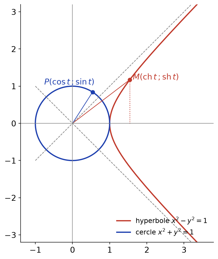 Le point de coordonnées (ch t, sh t) sur l'hyperbole x² - y² = 1 comparé au point (cos t, sin t) sur le cercle unité