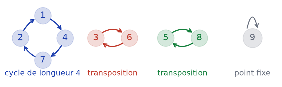 Décomposition d'une permutation de S9 en un cycle de longueur 4, deux transpositions et un point fixe