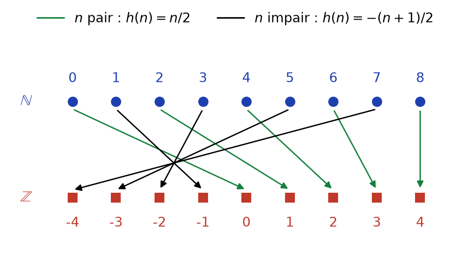 Flèches de la bijection h de N vers Z : les pairs vont vers les positifs, les impairs vers les négatifs