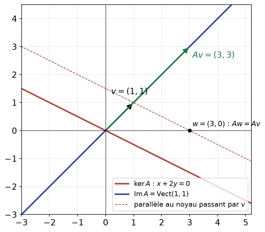 Noyau et image de la matrice A de rang 1 : deux droites du plan, un vecteur v et son image Av